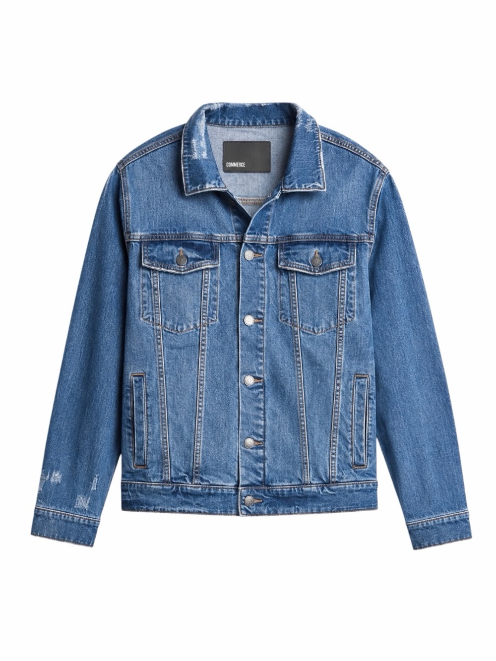 Commerce Men’s Distressed Denim Trucker Jean Jacket Medium Wash Button Front S